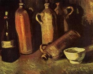 with Four Stone Bottles, Flask and White Cup