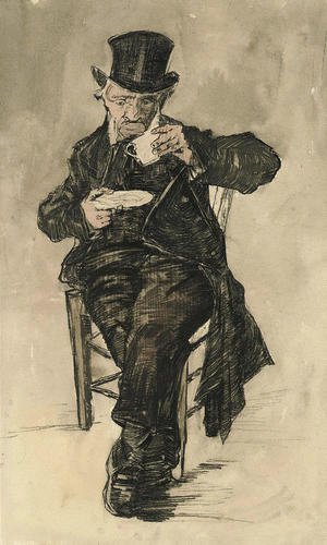 Orphan Man with a Top Hat Drinking a Cup of Coffee
