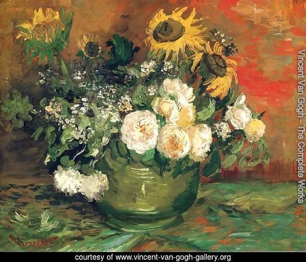 Still life with roses and sunflowers