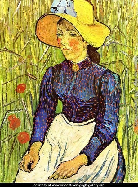 Young Peasant Girl in a Straw Hat sitting in front of a wheatfield