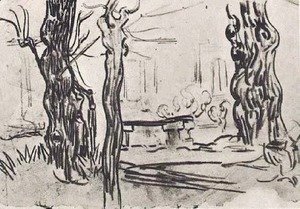 Garden of the Asylum and Tree Trunks and a Stone Bench