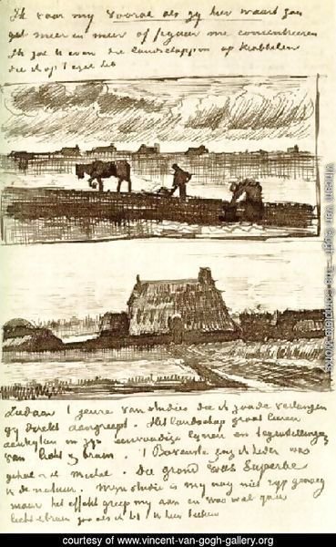 Plowman with Stooping Woman, and a Little Farmhouse with Piles of Peat