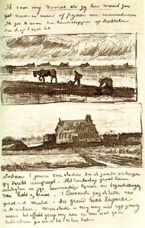 Vincent Van Gogh - Plowman with Stooping Woman, and a Little Farmhouse with Piles of Peat