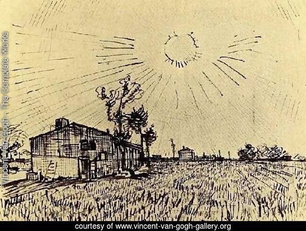 Field with Houses under a Sky with Sun Disk