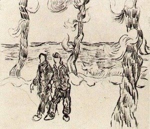 Two Men on a Road with Pine Trees