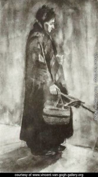Woman with Shawl, Umbrella and Basket