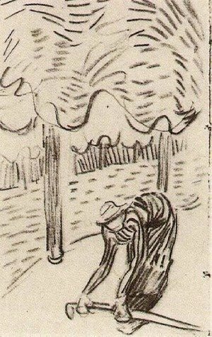 A Woman Picking Up a Stick in Front of Trees