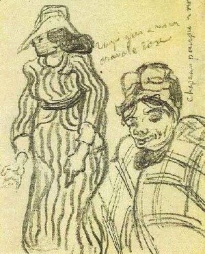 Vincent Van Gogh - Sketch of a Lady with Striped Dress and Hat and of Another Lady, Half-Figure