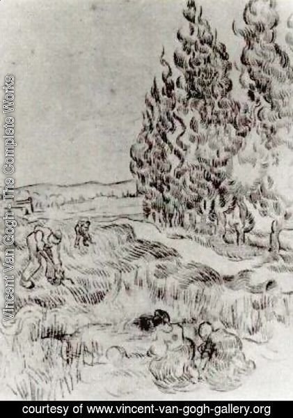 Vincent Van Gogh - Cypresses with Four People Working in the Field