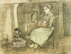 Vincent Van Gogh - Mother at the Cradle and Child Sitting on the Floor