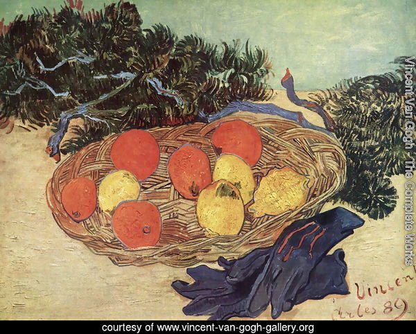 Still Life with Oranges and Lemons with Blue Gloves