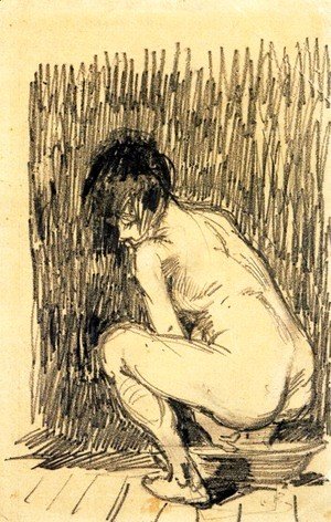 Nude Woman Squatting Over a Basin