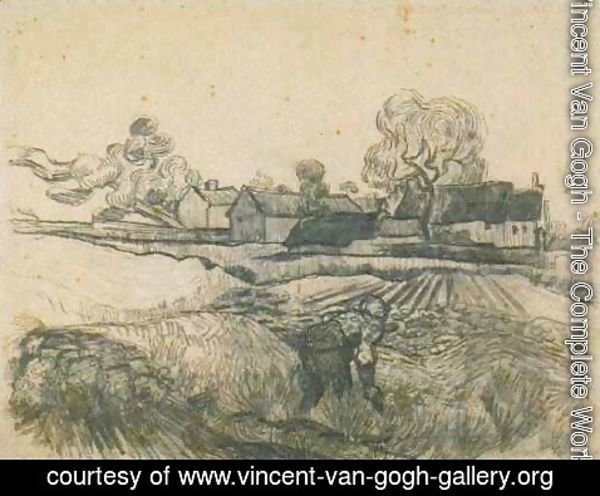 Vincent Van Gogh - Cottages with a Woman Working in the Foreground 2