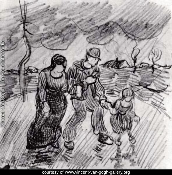 Couple Walking Arm in Arm with a Child in the Rain