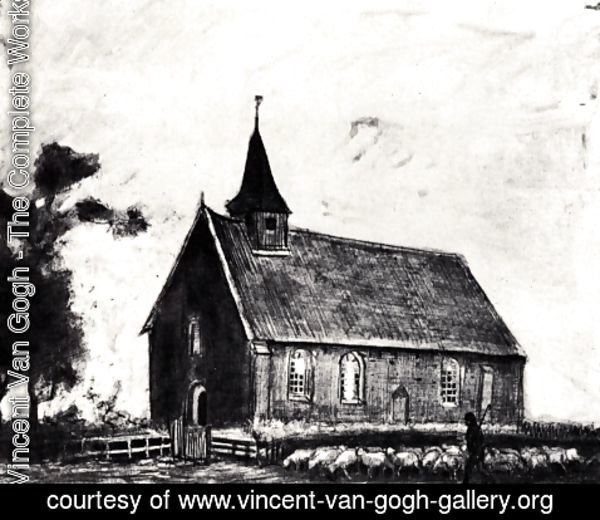 Vincent Van Gogh - Shepherd with Flock near a Little Church at Zweeloo