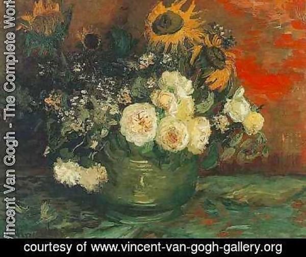 Vincent Van Gogh - Bowl With Sunflowers Roses And Other Flowers