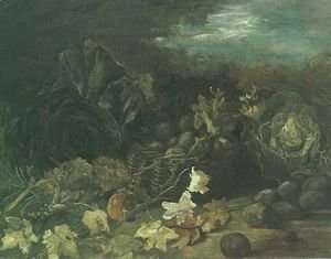 Still Life With A Basket Of Potatoes Surrounded By Autumn Leaves And Vegetables