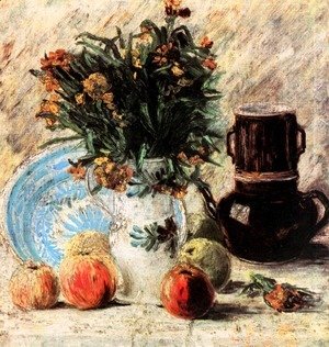 Vase With Flowers Coffeepot And Fruit