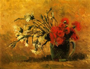 Vase With Red And White Carnations On Yellow Background