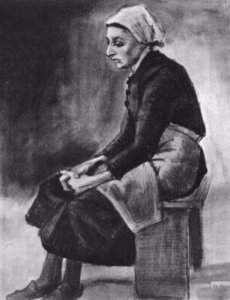 Woman with White Cloth around her Head, Sitting on a Bench