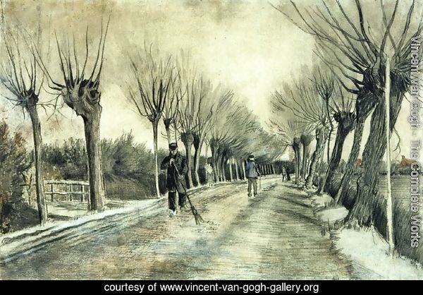Road with Pollarded Willows and a Man with a Broom