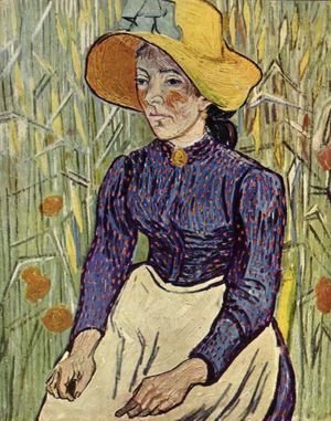 Young Peasant Woman with Straw Hat Sitting in the Wheat