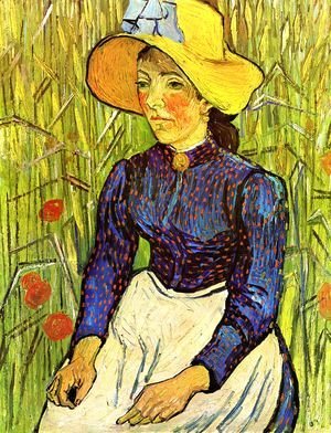 Vincent Van Gogh - Young Peasant Girl in a Straw Hat sitting in front of a wheatfield