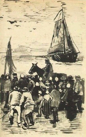 Vincent Van Gogh - Group of People on the Beach with Fishing Boat Arriving