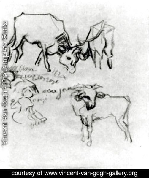 Vincent Van Gogh - Sketch of Cows and Children