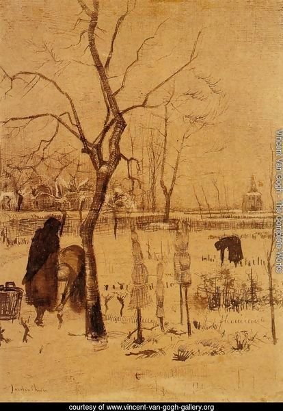 Parsonage Garden in the Snow with Three Figures