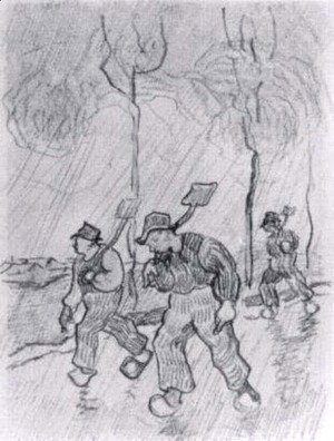 Three Peasants with Spades on a Road in the Rain