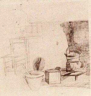Unfinished Sketch of an Interior with a Pan above the Fire