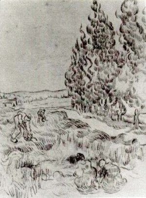 Cypresses with Four People Working in the Field