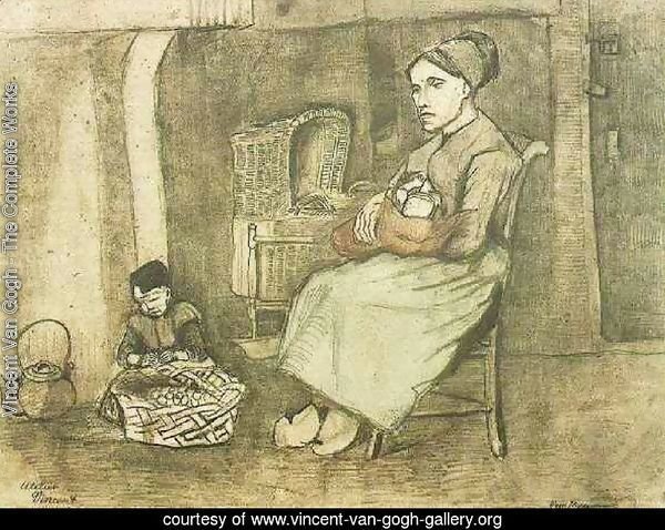 Mother at the Cradle and Child Sitting on the Floor