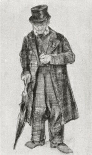 Vincent Van Gogh - Orphan Man with Top Hat and Umbrella Looking at his Watch
