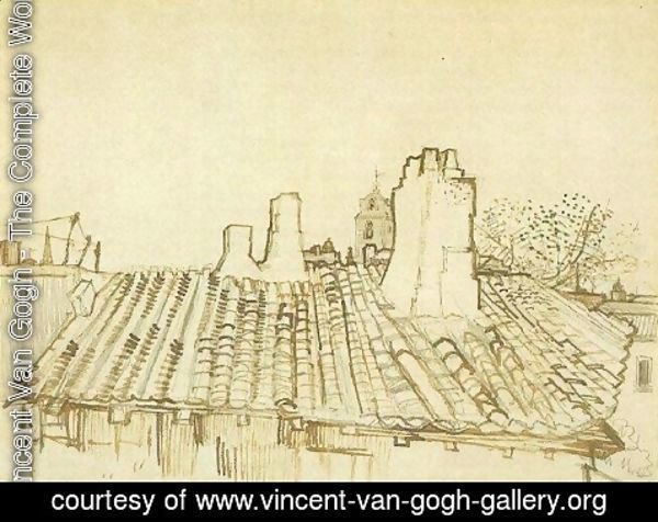 Vincent Van Gogh - Tiled Roof with Chimneys and Church Tower