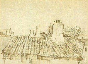 Vincent Van Gogh - Tiled Roof with Chimneys and Church Tower