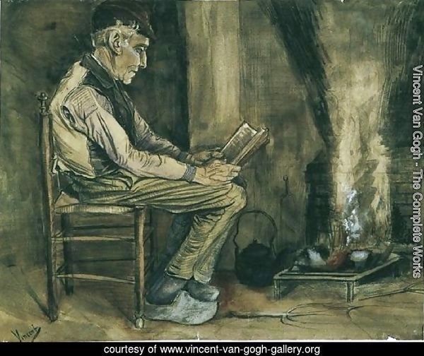 Farmer sitting at the fireside and reading