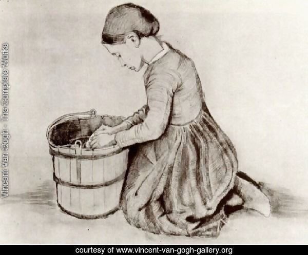 Girl Kneeling in Front of a Bucket