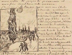 Vincent Van Gogh - Road with Men Walking, Carriage, Cypress, Star, and Crescent Moon