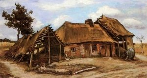 Cottage With Decrepit Barn And Stooping Woman