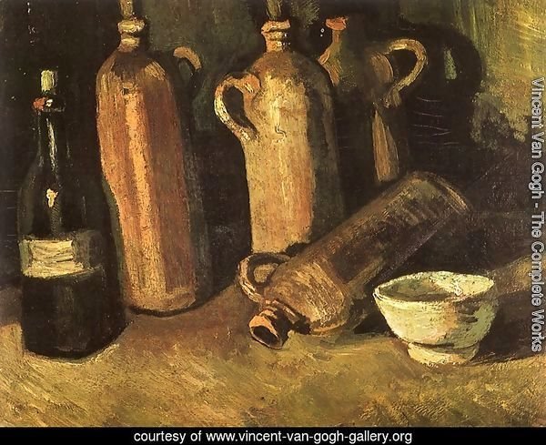 Still Life With Four Stone Bottles Flask And White Cup