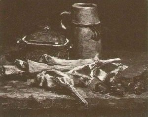 Still Life With Meat Vegetables And Pottery