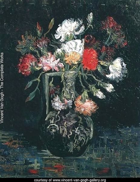 Vase With White And Red Carnations