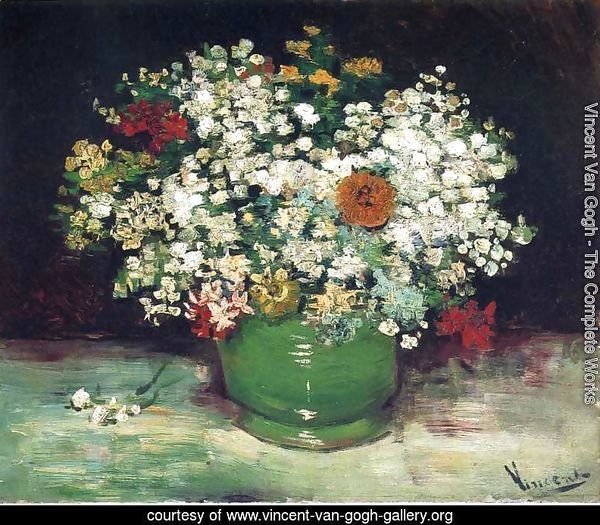 Vase With Zinnias And Other Flowers